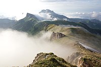 Tkhach mountain in clouds.