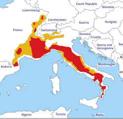 Área de distribución de "Canis lupus italicus" en el 2019