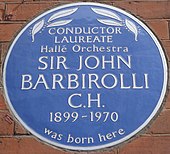 blue commémorative plaque on Barbirolli's birthplace