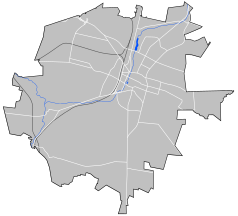 Mapa konturowa Kielc, blisko centrum u góry znajduje się punkt z opisem „Kino Moskwa”