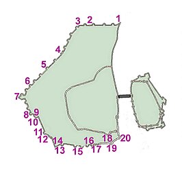 Tweede stadsmuur met Jezuïetenwal (13) en Tongersekat (14) tussen Tongersepoort (12) en waterpoort De Reek (15)