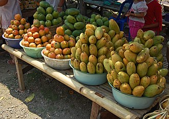 Mangga golek (yellowish one, front), mangga gedong (reddish, far left), and mangga arumanis (back, dark green). Sold at roadside of Tomo, Sumedang, West Java.