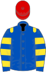 Royal Blue, Yellow epaulets, hooped sleeves, Red cap