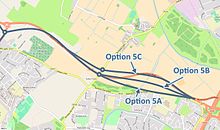 A picture showing a map of different routings of Option 5, which was a single carriageway road between Switch Island the A565 Southport Road