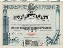 Action d'Air Liquide S.A. de 100 francs, émise à Paris le 10 juillet 1937, avec signature de Paul Delorme, 1902-1945 président de la compagnie