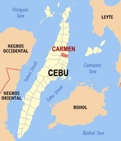 Mapa ng Cebu na nagpapakita sa lokasyon ng Carmen.