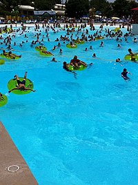 People swimming in a pool with inflatable tubes