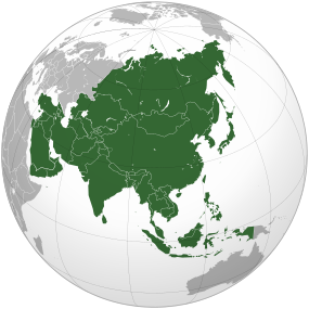 alt=Globe centered on Asia, with Asia highlighted. The continent is shaped like a right-angle triangle, with اروپا to the west, occupied east, and اقیانوسیهto the south-east.