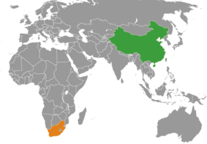 Mapa indicando localização da África do Sul e da China.