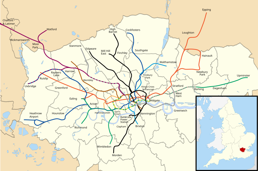 Et geografisk London Underground-kort, der viser netværkets omfant (Amersham og Chesham Stationer, øverst til venstre, er ikke vist)