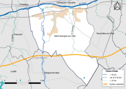 Carte en couleur présentantle réseau hydrographique de la commune