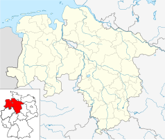 Mapa konturowa Dolnej Saksonii, na dole po prawej znajduje się punkt z opisem „Herzberg (Harz)”