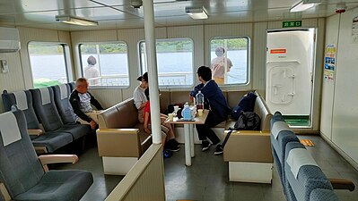 Inside a short distance ferry, the Yamagawa-Nejime Ferry [ja], Kagoshima, Japan (2023)