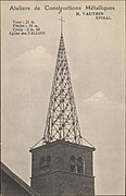 Charpente métallique du clocher de l'église réalisé par les Ateliers de constructions métalliques R. Vautrin d’Épinal carte postale publicitaire.