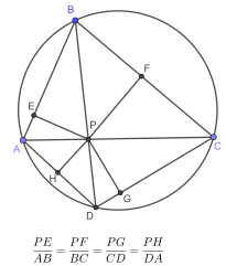 The point of intersection of the diagonals is located towards the sides of the quadrilateral to proportional distances to the length of these sides.