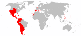 Spaanse rijk op zijn maximale omvang, zonder de gebieden van de Iberische Unie (zijnde een personele unie).