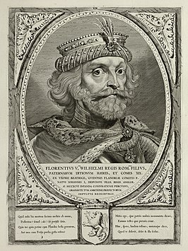 Portret van Floris V, graaf van Holland en Zeeland, met een met veren, edelstenen en parels verfraaide hoofddeksel. De omlijsting is versierd met het wapen van Holland. Datum: 1650, gravure en ets door Cornelis Visscher