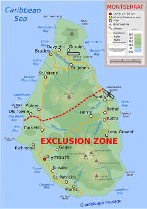 Topographic map of Montserrat showing the "exclusion zone" due to volcanic activity, and the new airport in the north. The roads and settlements in the exclusion zone have mostly been destroyed.