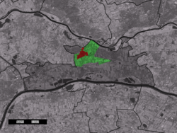 The town centre (red) and the statistical district (light green) of Kesteren in the municipality of Neder-Betuwe.