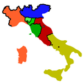 Os Estados italianos em 1859: em laranja o Reino de Sardenha,em amarelo o Reino das Duas Sicílias, em vermelho os Estados Pontifícios, em azul o Reino Lombardo-Vêneto e em verde o Grão-ducado da Toscana e os Ducados de Parma e de Modena