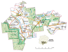 Mapa konturowa gminy Wręczyca Wielka, blisko prawej krawiędzi znajduje się punkt z opisem „Szarlejka”