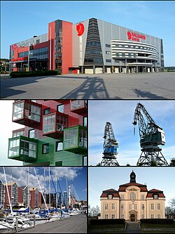 Clockwise from top: Hägglunds Arena, the guest harbor, the old city hall, the port gantries, and the Ting1 apartments