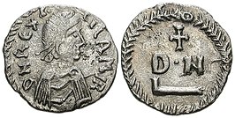 Denarius met de beeltenis van koning Gelimer (D N REX G-EILAMIR), rond 530.