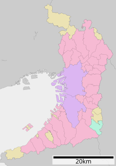 Mapa konturowa prefektury Osaka, u góry po prawej znajduje się punkt z opisem „Takatsuki”