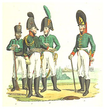 Uniform modell 1802. Från vänster till höger: Linjeinfanterist i kiver modell 1805; gardesofficer i hatt; linjeofficer i hatt; gardesgrenadjär i grenadjärmössa.