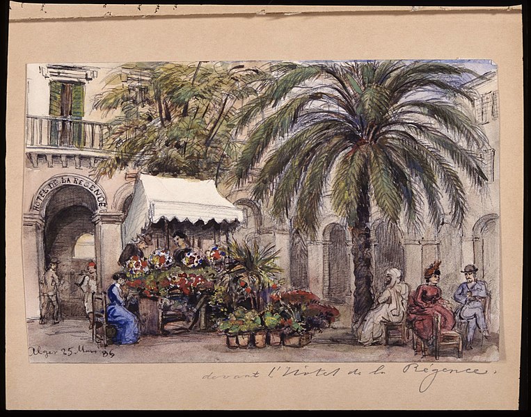 File:Devant l´hôtel de la Régence . Alger 25 mars 1886. Akvarell av Fritz von Dardel - Nordiska museet - NMA.0037612.jpg