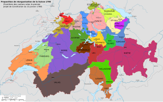 Carte des cantons helvétiques début 1798 sur laquelle chacun d'entre eux a une couleur différente.