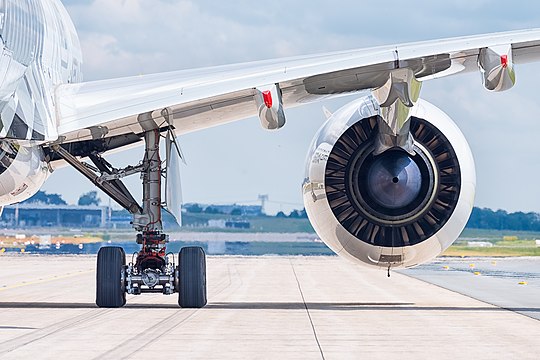 Airbus A350-941 (reg. F-WWCF, MSN 002) landing gear and Rolls-Royce Trent XWB in Airbus promotional CFRP livery at ILA Berlin Air Show 2016.