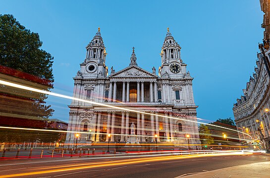 West facade of St. Paul's Cathedral at night, 2020.