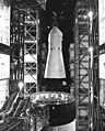 A Saturn IB is disassembled in the VAB. It would have been used to rescue the crew of Skylab 4 should they be unable to return to Earth in their own spacecraft.