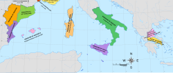 Location of the Principality of Catalonia (light green, at the left) within the Crown of Aragon