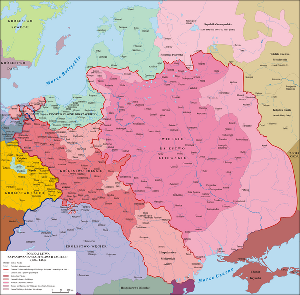 File:Map of the Grand Duchy of Lithuania (pink) and the Crown of the Kingdom of Poland (red) in 1386 - 1434.png