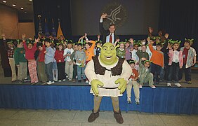 Mike Leavitt with Shrek and the elementary school children who attended the kick-off event.jpg