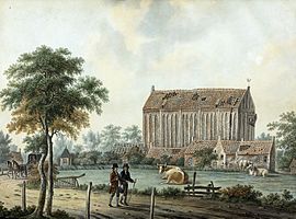 Noordzijde van de kerk te Scharmer met pastorie, school en onderwijzerswoning, kort voor de afbraak in 1824 (Anton Koster, 1824)). Gemaakt in opdracht van Theunis Haakma Tresling van de veenborg Overveen te Scharmer.