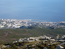 Photographie de Bastia. Au premier plan, l'absence de constructions et dans l'arrière-plan, la ville le long de la côte.