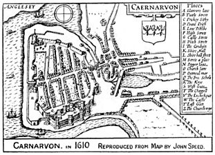 Plan of Caernarfon, Wales from 1610, showing the castral town established in Wales to "illustrate in a more symbolic than strategic fashion English power."[12]