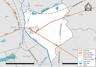 Carte en couleur présentant le réseau hydrographique de la commune