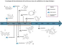 Cronología del descubrimiento de las diversas clases de antibioticos de origen biológico y el tipo de bacteria al que hacen frente.png