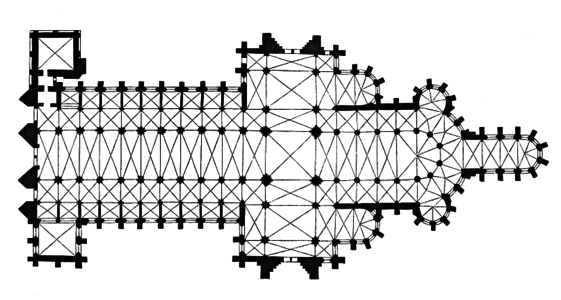 Plan of the cathedral (west front and nave to left, transept, choir and apse and Virgin Mary Chapel to right)