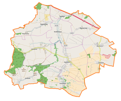 Mapa konturowa gminy Zagrodno, na dole po lewej znajduje się punkt z opisem „Pałac w Grodźcu”