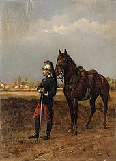 Peinture représentant un homme en uniforme de la cavalerie à pied, le regard au loin, arrêté sur une route, son cheval sellé et harnaché immobile à ses côtés.