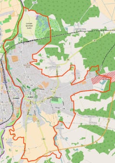 Mapa konturowa Gubina, blisko lewej krawiędzi nieco u góry znajduje się punkt z opisem „Przejście graniczneGubin-Guben”