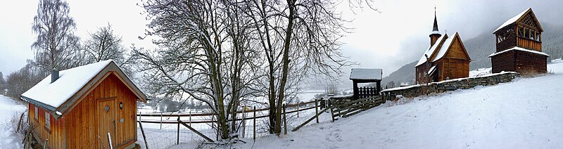 File:Lomen Stave Church (Lomen stavkyrkje) in Vestre Slidre, Oppland, Norway. Snow. 2017-03-30 Distorted panorama 09.jpg