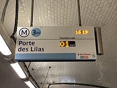 Ligne 3 bis, 16 h 19 Direction Porte des Lilas : - Prochain train dans 01 minute.