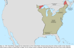 Map of the change to the international disputes involving the United States in central North America on May 12, 1784