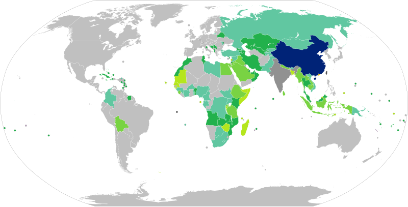 Pays selon le besoin de visa pour les ressortissants chinois : * vert : pas besoin préalable ; * gris : visa obligatoire ; * bleu : visa à l'arrivée.